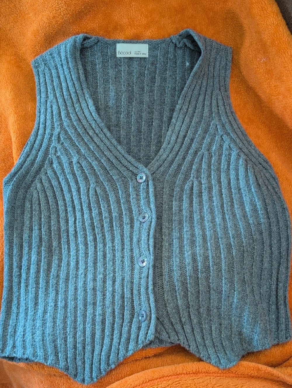BE COOL Ribbed V-Neck Button-Front Gray Knit Vest